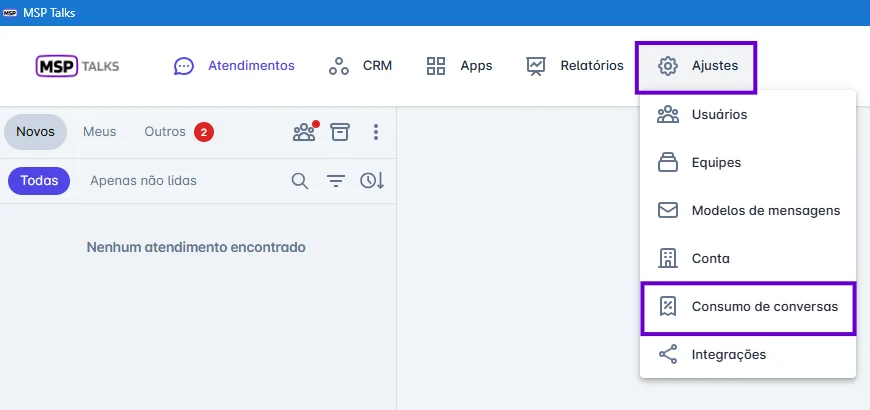 Menu Ajustes com Consumo de conversas