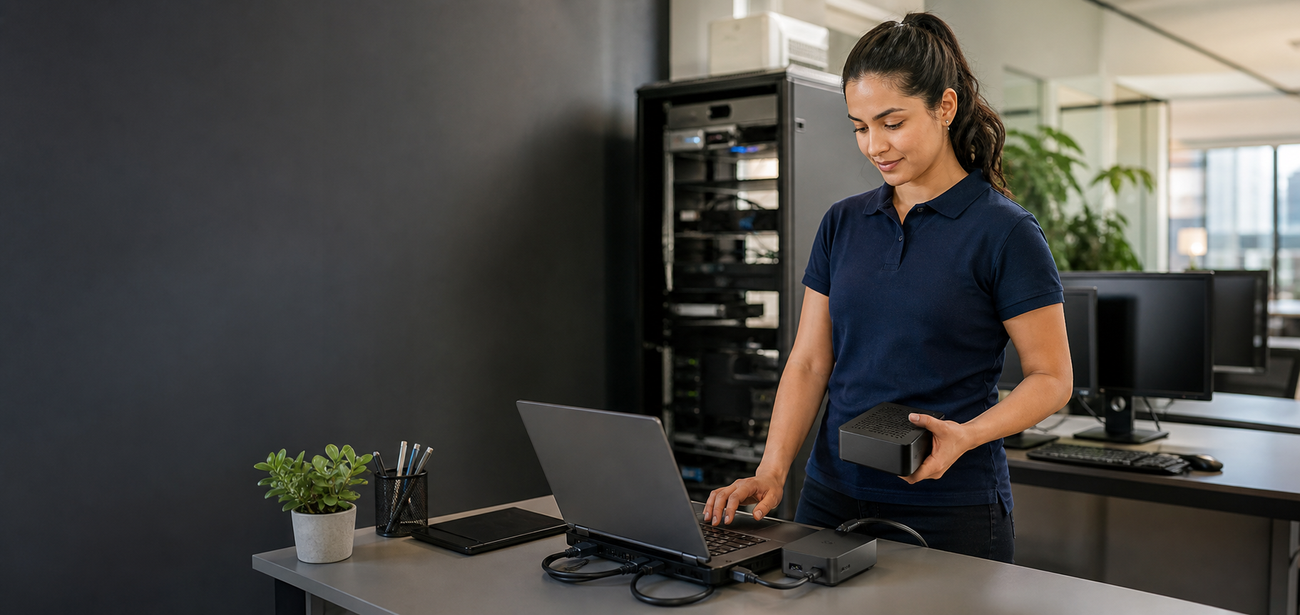 Profissional de TI consultando um notebook durante a verificação de um ativo