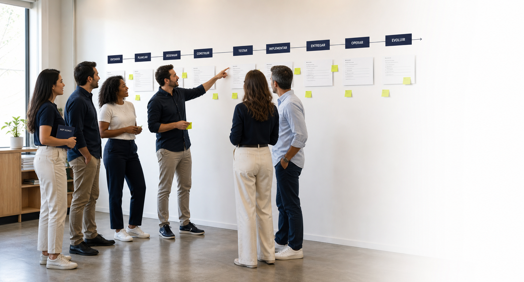 Equipe multidisciplinar alinhando as etapas de um processo empresarial